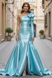 Blue Satin Mermaid Ruffled One Shoulder Long Prom Dress with Slit