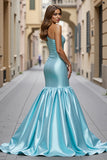 Blue Satin Mermaid Ruffled One Shoulder Long Prom Dress with Slit