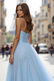 Simple Blue Tulle Strapless Long A Line Prom Dress with Slit