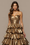 Golden Satin Ball Gown Long Strapless Prom Dress with Ruffles