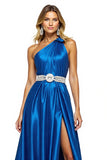 Royal Blue Satin One Shoulder A Line Long Prom Dress with Slit