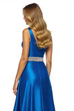Royal Blue Satin One Shoulder A Line Long Prom Dress with Slit