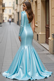 Blue Ruffled Satin Mermaid Long One Shoulder Prom Dress with Slit