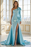 Blue Satin Mermaid One Shoulder Long Bow Prom Dress with Slit