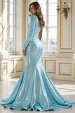 Blue Satin Mermaid One Shoulder Long Bow Prom Dress with Slit