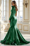 Blue Satin Mermaid One Shoulder Long Bow Prom Dress with Slit