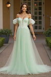 Green Tulle Off the Shoulder Long A Line Prom Dress with Appliques