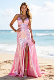 Sparkly Pink Sequin A Line Spaghetti Straps Long Prom Dress with Slit