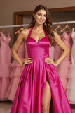 Fuchsia Satin A Line Halter Long Prom Dress with Slit