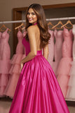 Fuchsia Satin A Line Halter Long Prom Dress with Slit