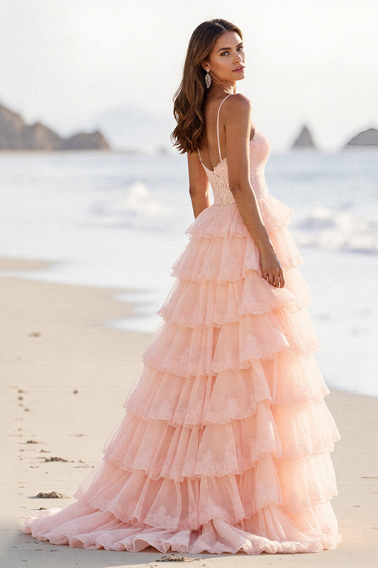 Blush Tulle A Line Spaghetti Straps Long Tiered Prom Dress with Slit