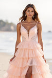 Blush Tulle A Line Spaghetti Straps Long Tiered Prom Dress with Slit
