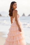 Blush Tulle A Line Spaghetti Straps Long Tiered Prom Dress with Slit