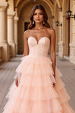 Blush Ball Gown Sweetheart Tulle Long Prom Dress with Ruffles