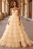Blush Ball Gown Sweetheart Tulle Long Prom Dress with Ruffles