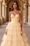 Blush Ball Gown Sweetheart Tulle Long Prom Dress with Ruffles