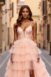 Sparkly Blush Ball Gown V-Neck Tiered Long Prom Dress with Slit