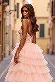 Sparkly Blush Ball Gown V-Neck Tiered Long Prom Dress with Slit