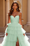 Blush A Line Tulle Long Tiered Prom Dress with Appliques