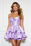 Lilac Satin A Line Strapless Tiered Short Homecoming Dress