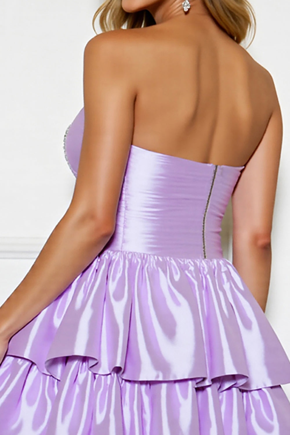 Lilac Satin A Line Strapless Tiered Short Homecoming Dress
