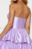Lilac Satin A Line Strapless Tiered Short Homecoming Dress