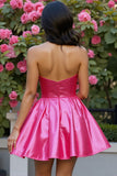 Sparkly Fuchsia Corset Satin A Line Short Homecoming Dress with Beading