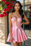 Sparkly Pink A Line Corset Satin Strapless Short Homecoming Dress