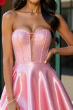 Sparkly Pink A Line Corset Satin Strapless Short Homecoming Dress