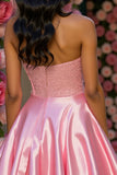 Sparkly Pink A Line Corset Satin Strapless Short Homecoming Dress