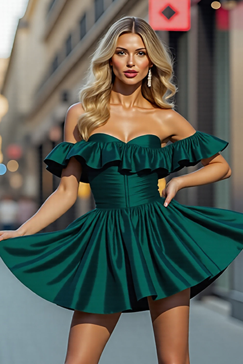 Dark Green A Line Satin Off the Shoulder Short Homecoming Dress with Ruffles