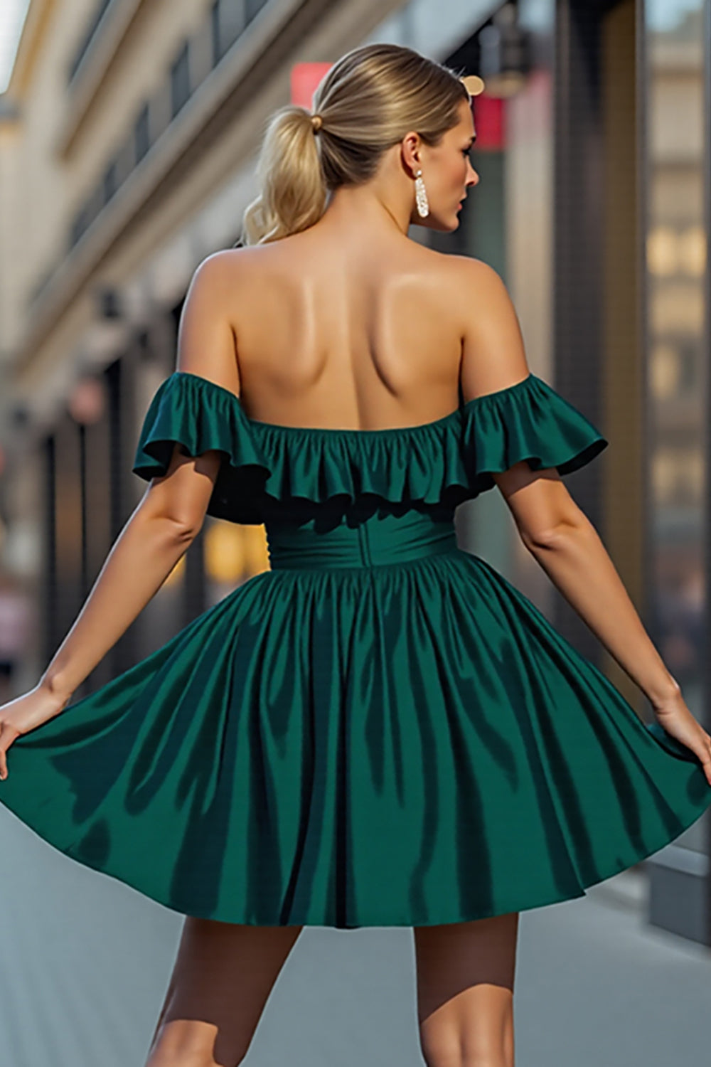 Dark Green A Line Satin Off the Shoulder Short Homecoming Dress with Ruffles