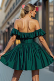 Dark Green A Line Satin Off the Shoulder Short Homecoming Dress with Ruffles