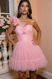 Floral Pink Tulle A Line One Shoulder Short Homecoming Dress