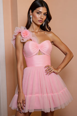 Floral Pink Tulle A Line One Shoulder Short Homecoming Dress