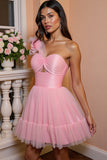 Floral Pink Tulle A Line One Shoulder Short Homecoming Dress