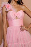 Floral Pink Tulle A Line One Shoulder Short Homecoming Dress