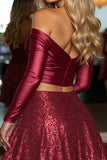 Sparkly Burgundy 2 Piece A Line Short Homecoming Dress with Long Sleeves