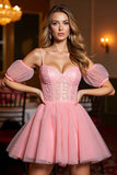 Pink A Line Tulle Short Corset Homecoming Dress with Appliques