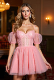 Pink A Line Tulle Short Corset Homecoming Dress with Appliques