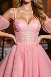 Pink A Line Tulle Short Corset Homecoming Dress with Appliques