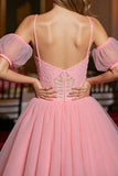 Pink A Line Tulle Short Corset Homecoming Dress with Appliques
