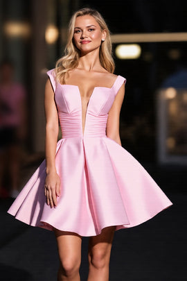Pink Ruched Deep V-Neck Satin Short Homecoming Dress