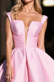 Pink Ruched Deep V-Neck Satin Short Homecoming Dress