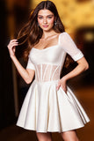 Glitter White Corset A Line Short Homecoming Dress with Bow