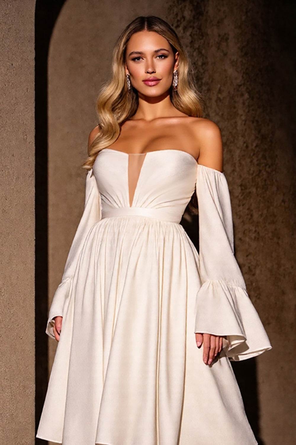 Ivory Strapless A Line Midi Homecoming Dress with Sleeves