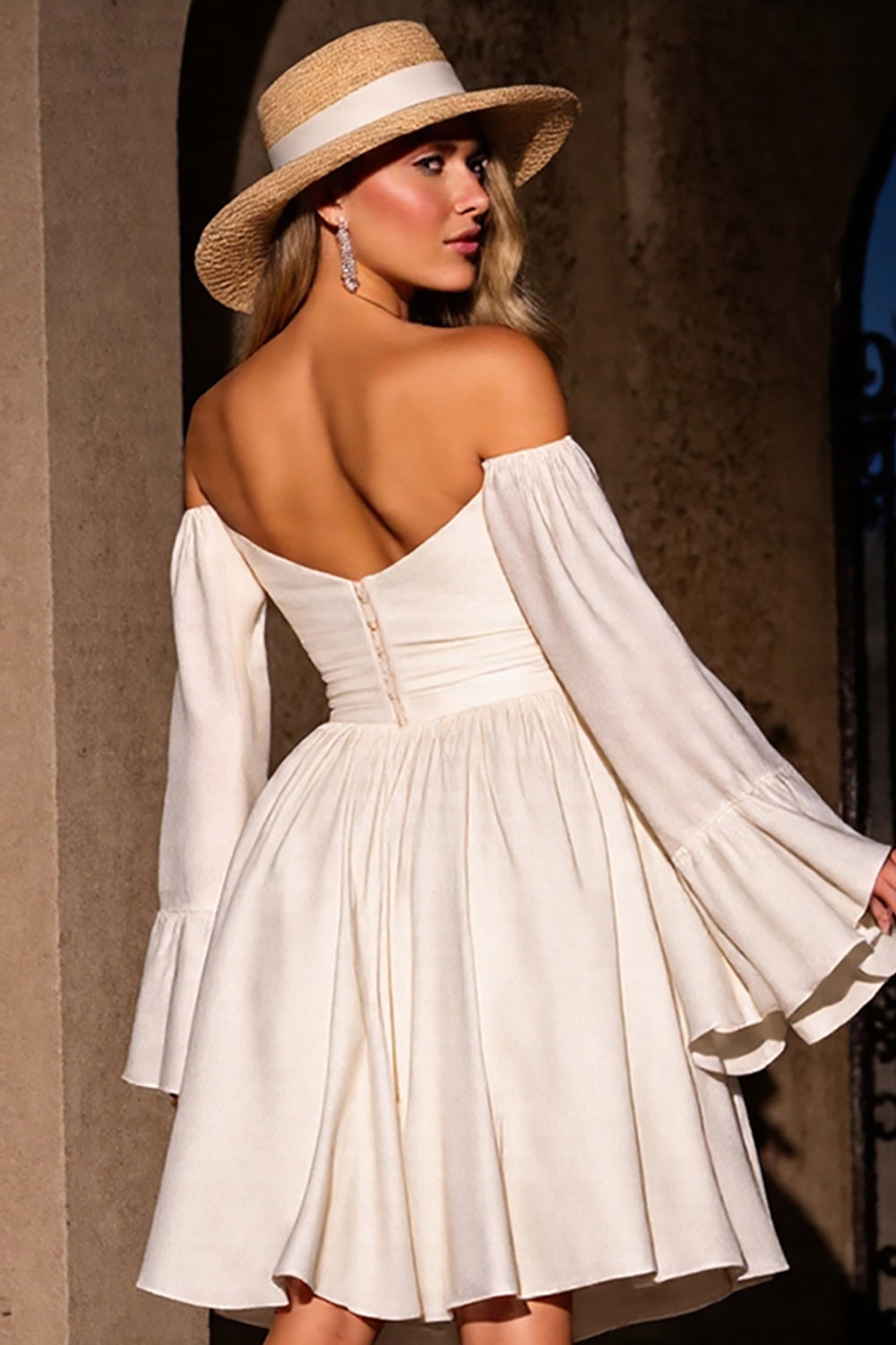 Ivory Strapless A Line Midi Homecoming Dress with Sleeves