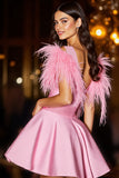 Pink V-Neck Satin Short Homecoming Dress with Feathers