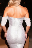 Glitter Silver Ruched Off the Shoulder Tight Short Homecoming Dress