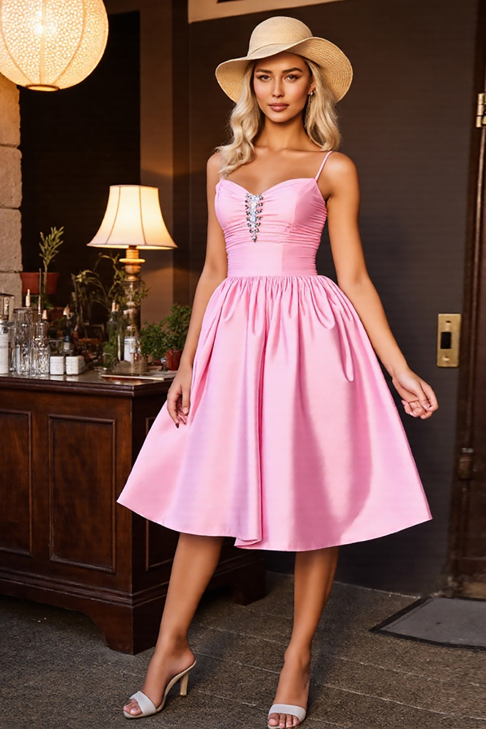 Pink Ruched A Line Satin Midi Homecoming Dress